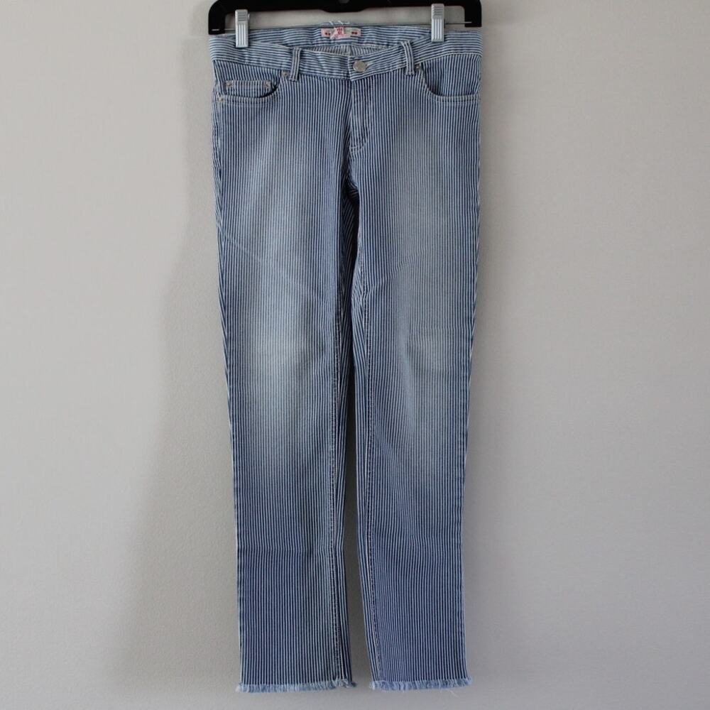 NWT Bonpoint Samela Painted Pants Straight Leg Blue White Stripe Raw Edge Hem 12